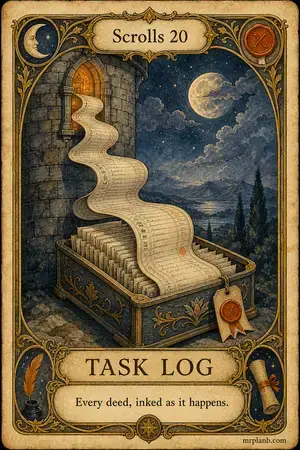TASK LOG — Proxmox Tarot card 100 of 100. Illustration: a ledger ribbon spooling from a tower into an archive tray.