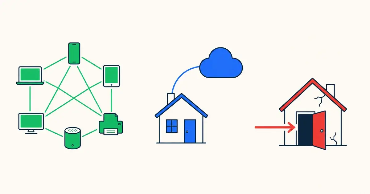 Three topologies side by side: a green private mesh of interconnected devices, a blue house-to-cloud tunnel arc, and a red house with an open door and an arrow entering directly from outside.