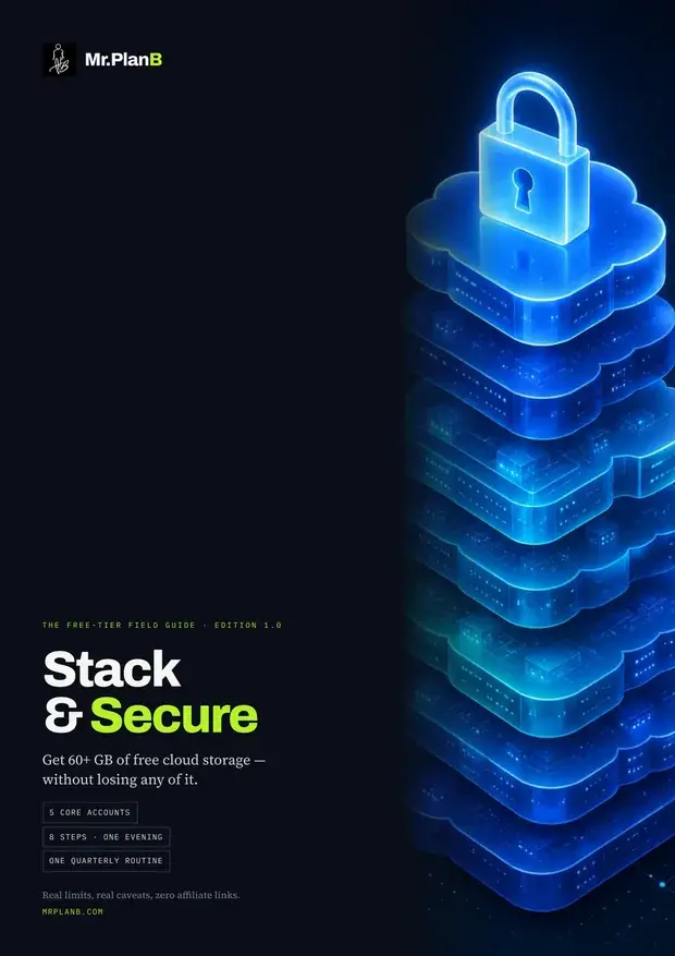 Cover of Stack & Secure, the Mr.PlanB free-tier field guide to 60+ GB of free cloud storage.